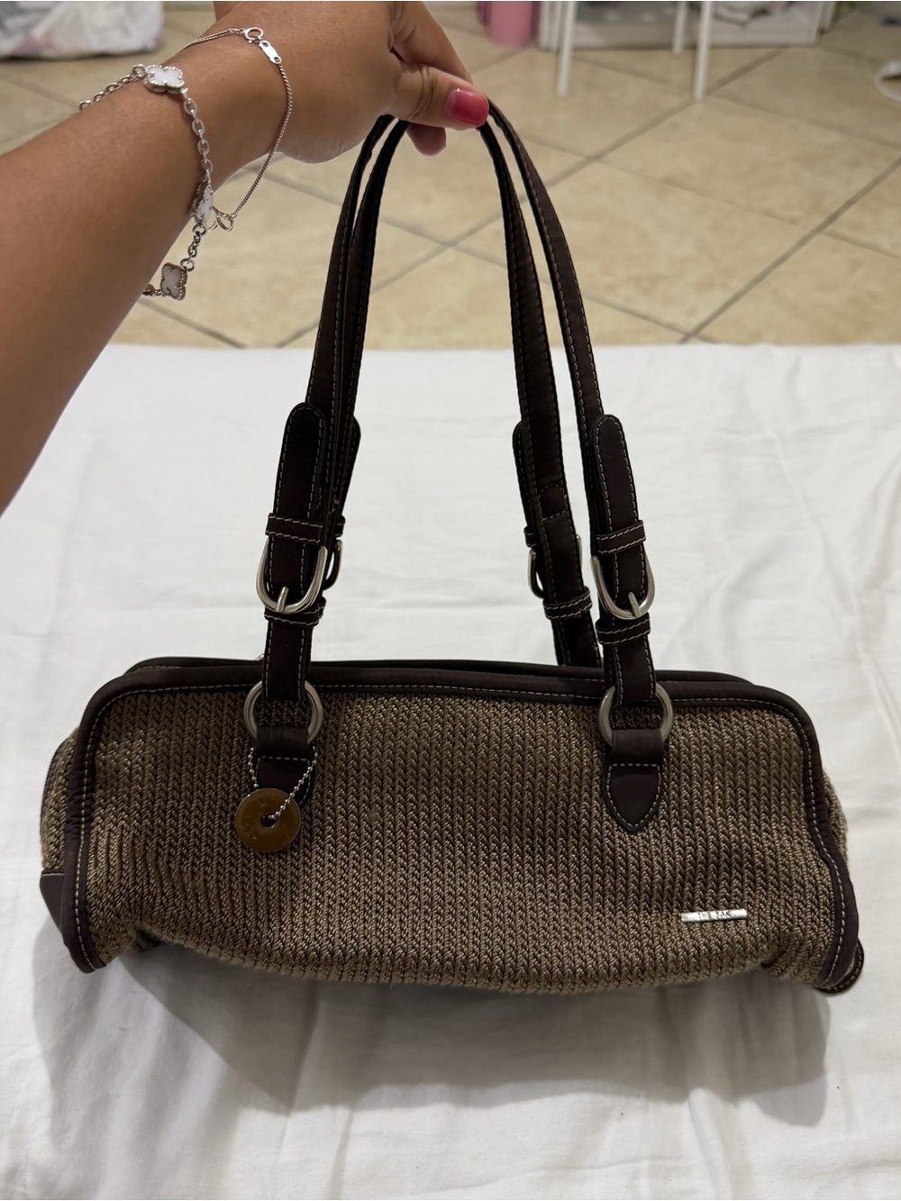 The Sak Brown Woven Shoulder Bag with Dark Trim